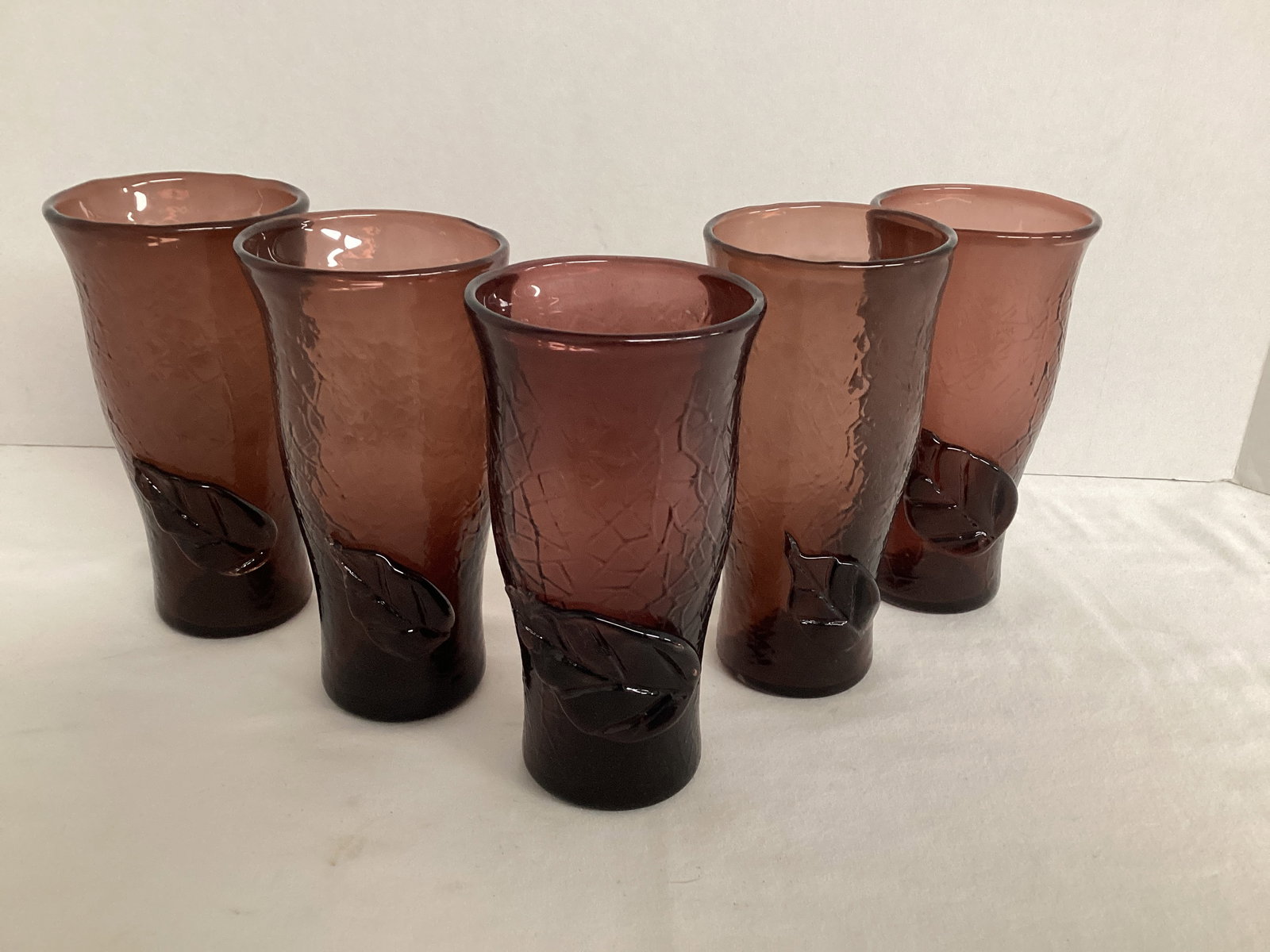 Five Hand Blown Leaf Glasses: 6" h 