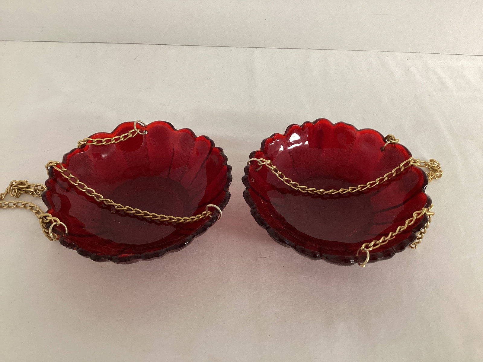 Two Red Glass Hanging Baskets: 5" diameter 