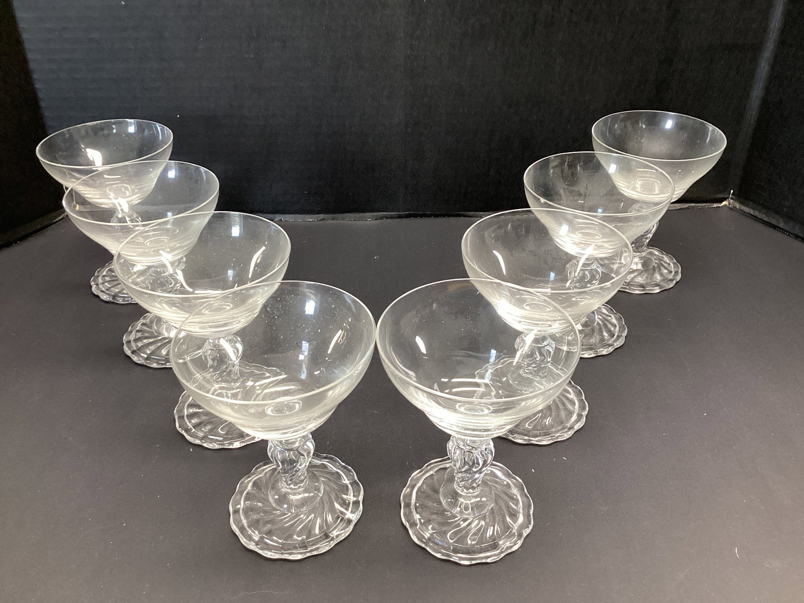 Eight Colonial Dame Fostoria Liquor Cocktail Glasses: 4 3/4" h, one chipped 