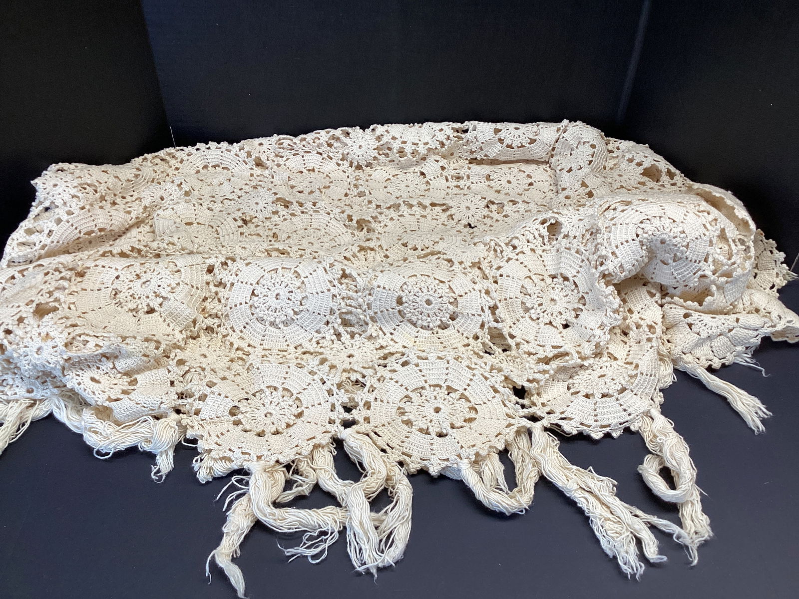 Crochet Tablecloth with Fringe: 48" x 72", some stains 