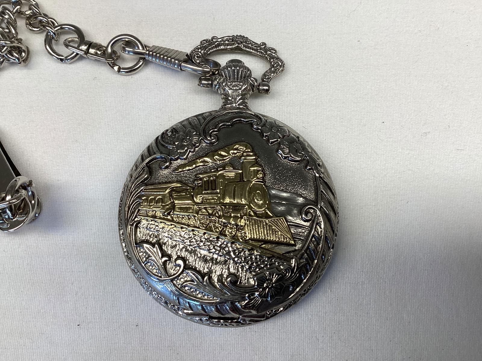 Railroad Train Motif Pocket Watch with Chain - 2