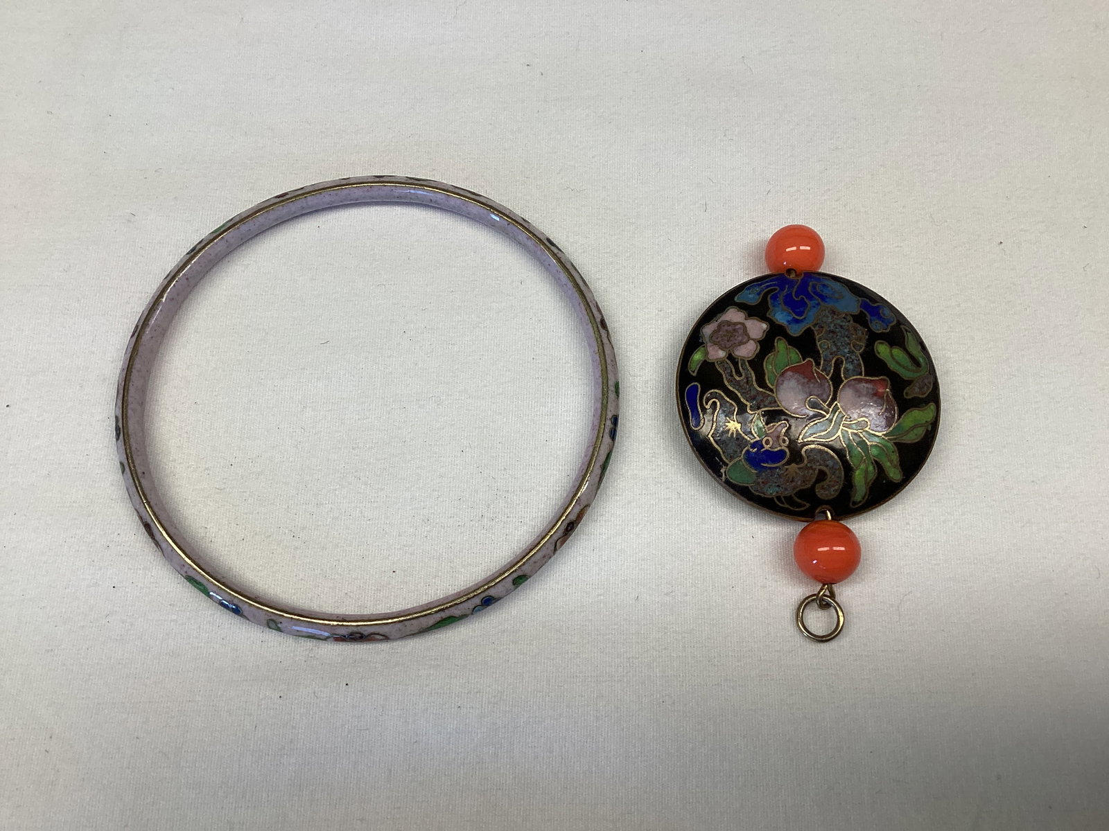 Cloisonne Pendant and Bangle Bracelet: . 