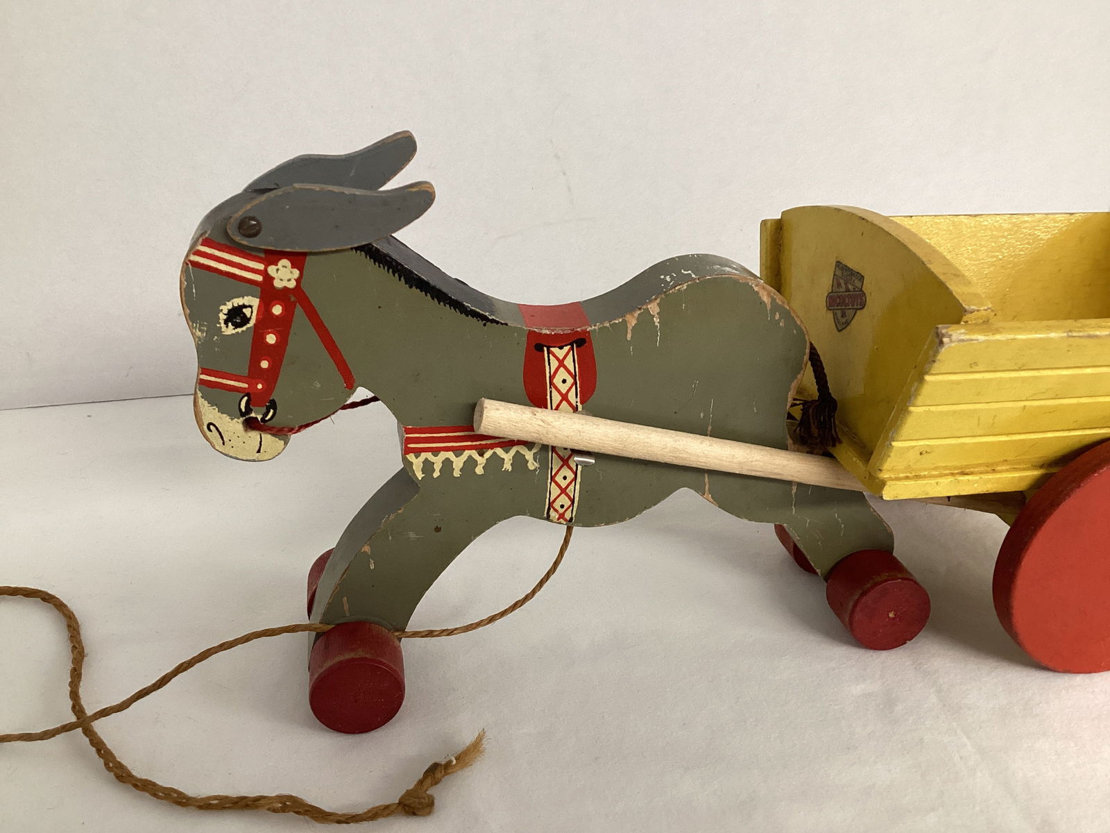 Vintage Nicoltoys Wooden Pull Donkey Toy with Cart - 2