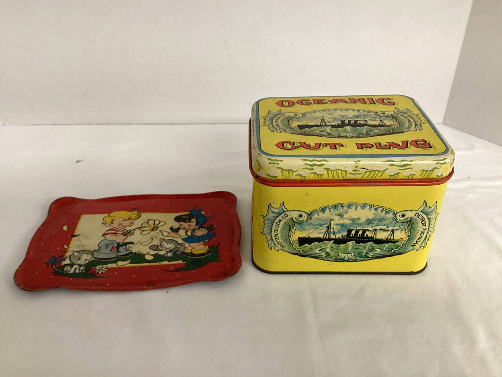 Metal Children's Tray and Cut Plug Tin: . 