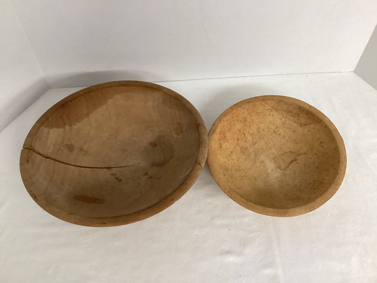 Two Wood Kitchen Bowls: one bowl cracked with repair 