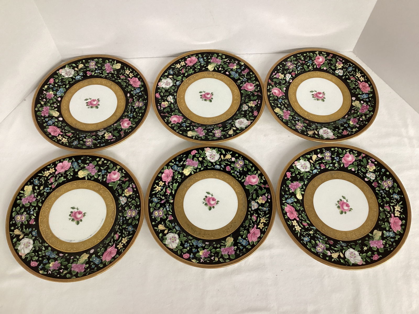 Six Staffordshire Mirano Plates: 9" diameter, one chipped 
