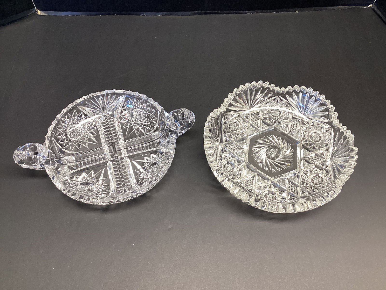 Crystal Bowl and Divided Dish: 8" and 9 1/2" diameter, bowl chipped 