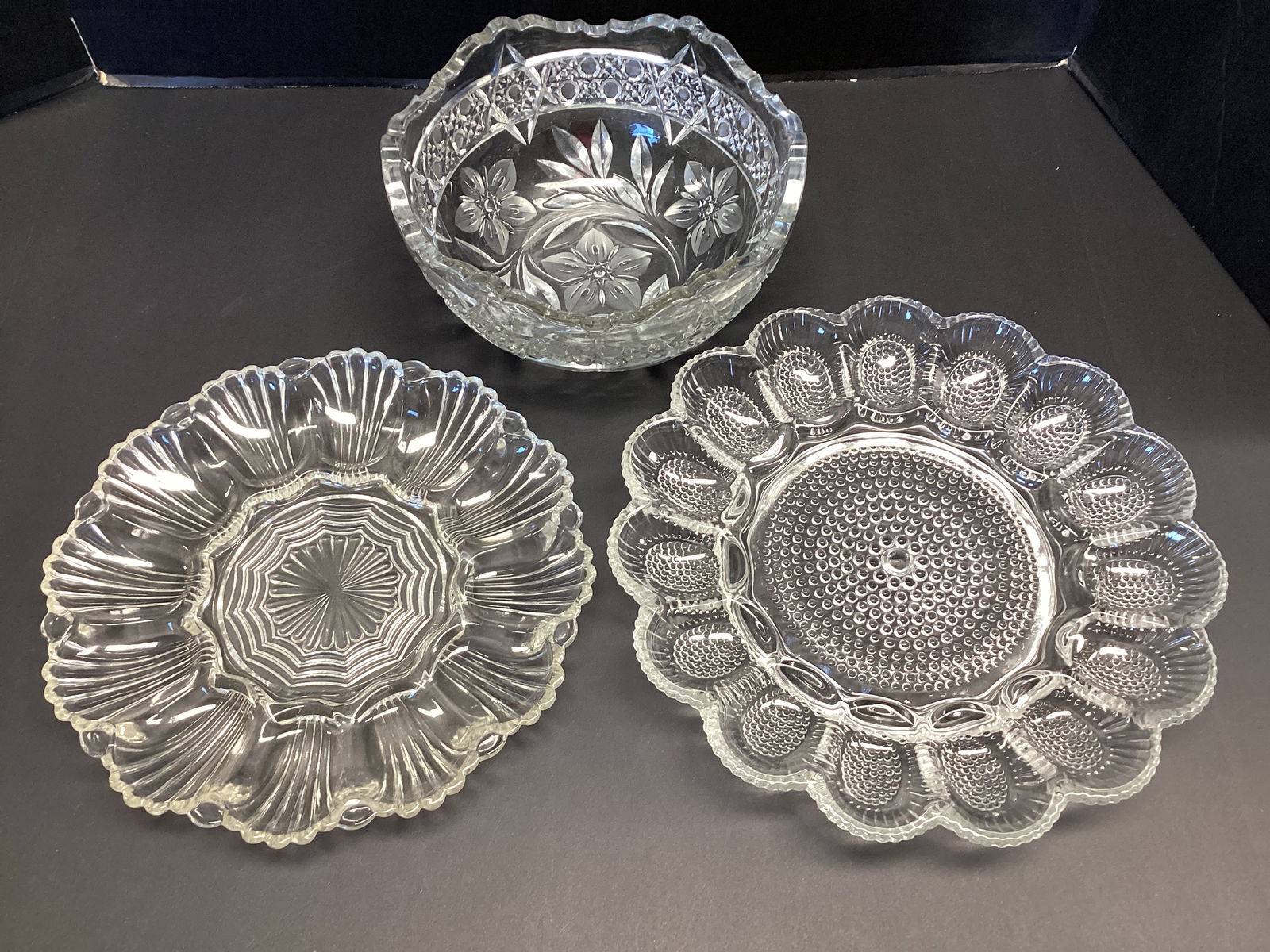Devilled Egg Plates and Crystal Bowl: 10" and 11 1/2" diameter plates, bowl 8 1/4" diameter 