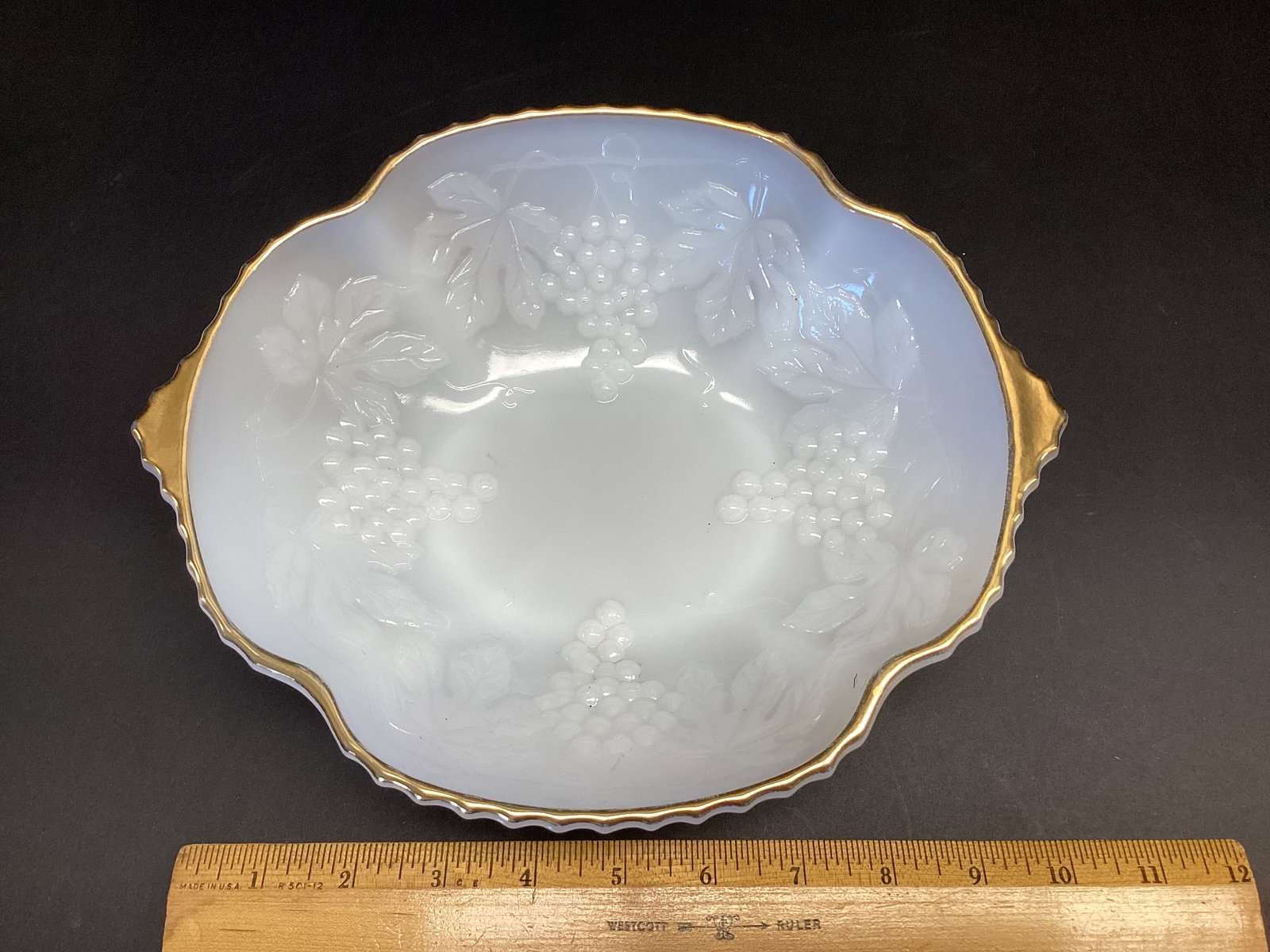 Milk Glass Bowl with Grape Pattern - 4
