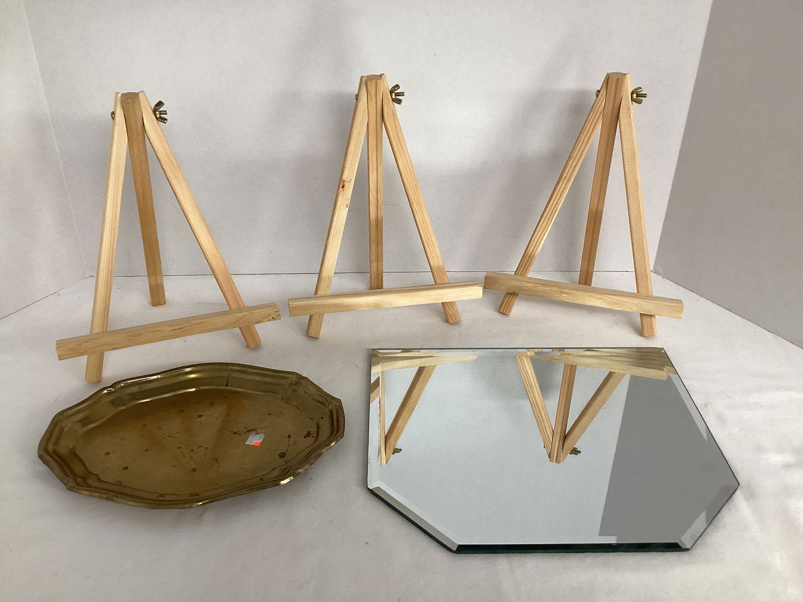 Brass Tray, Beveled Mirror Tray, Wood Tabletop Easels: . 