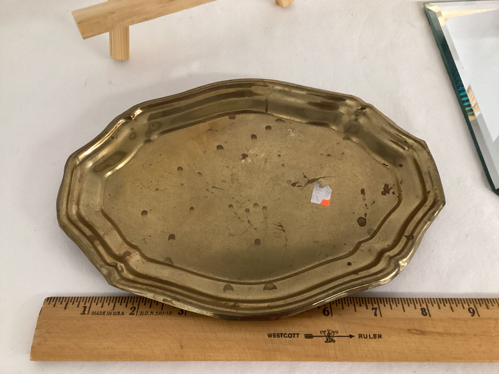Brass Tray, Beveled Mirror Tray, Wood Tabletop Easels - 2