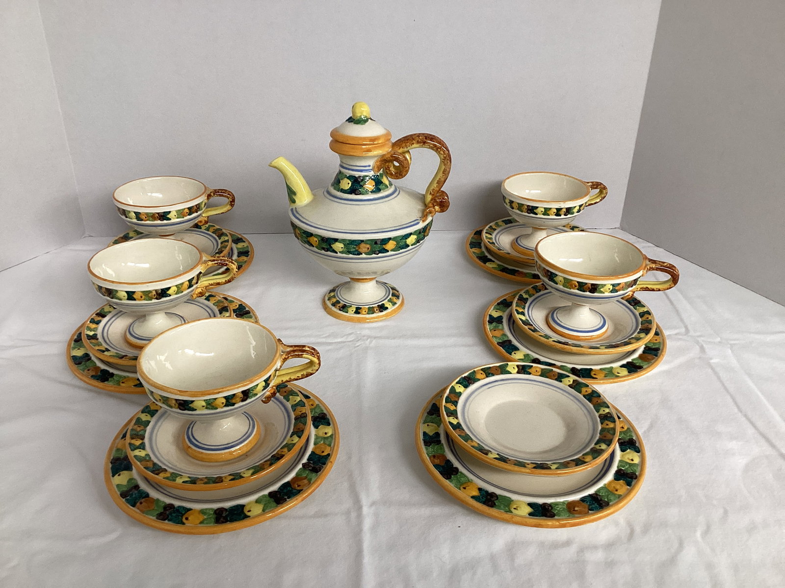 Antique Ardalt Della Robia Serving Set: 18 pieces, teapot repaired, made in Italy 
