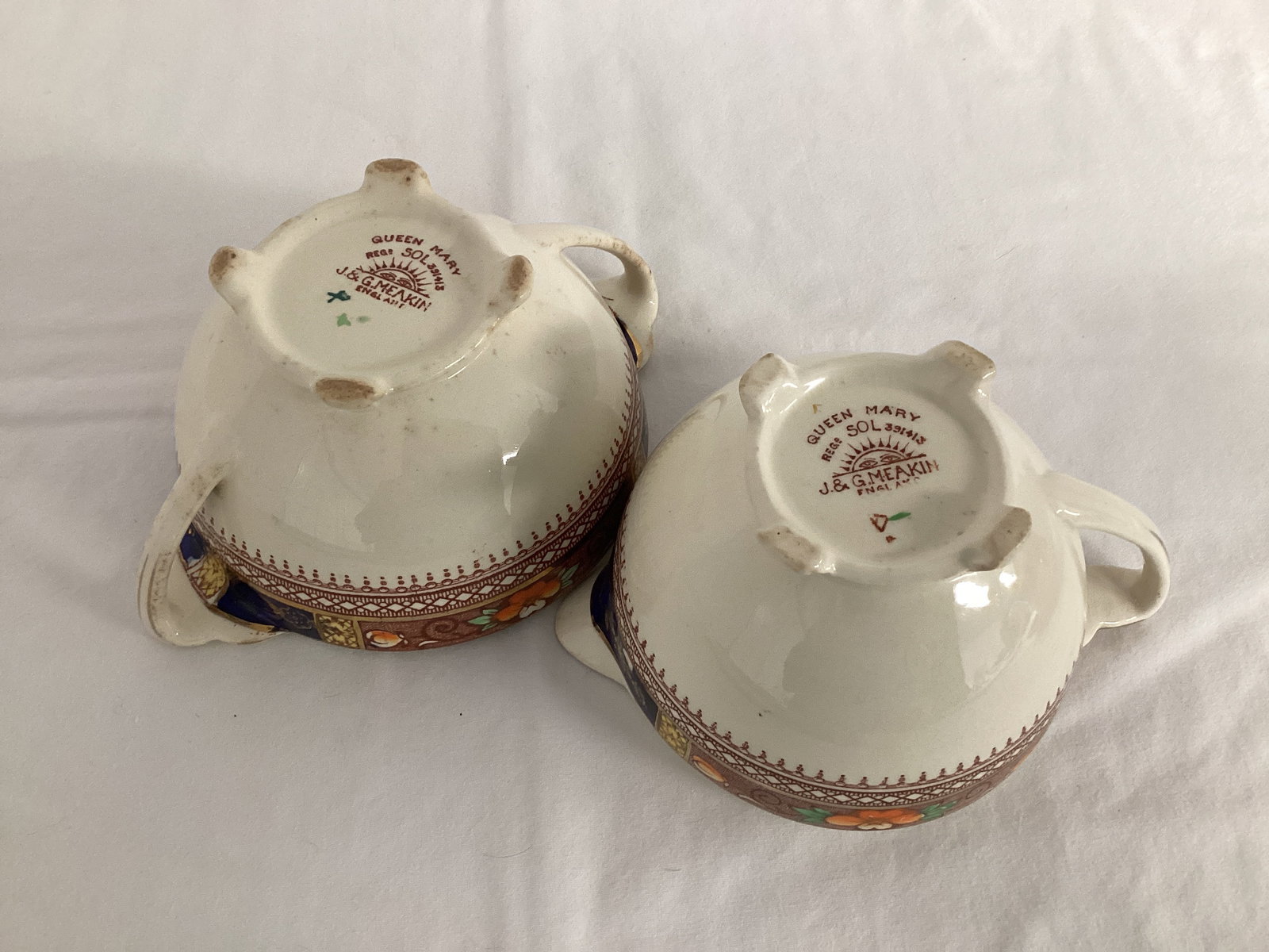 Queen Mary J&G Meakin Bowls, Creamer, Sugar, Teacups - 12