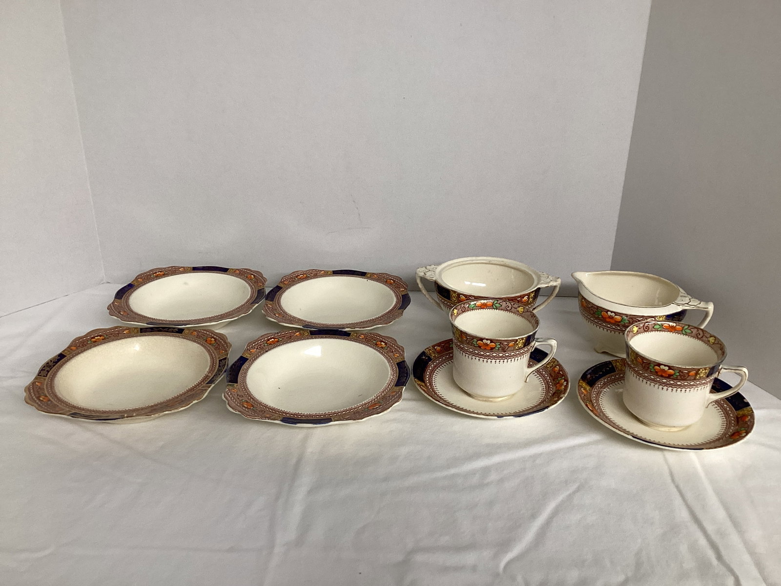 Queen Mary J&G Meakin Bowls, Creamer, Sugar, Teacups: wear to finish 