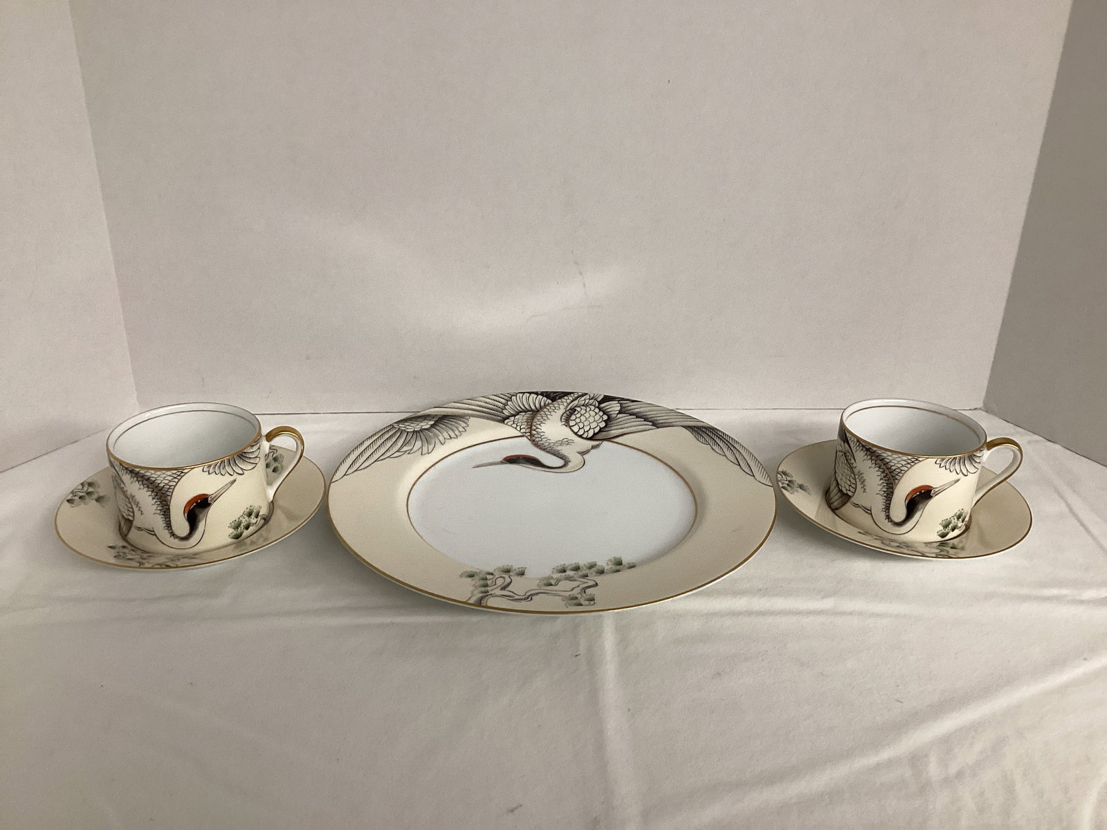 Fitz and Floyd Crane with Pine Plate with Cups and Saucers: 10 1/4" diameter, made in Japan 