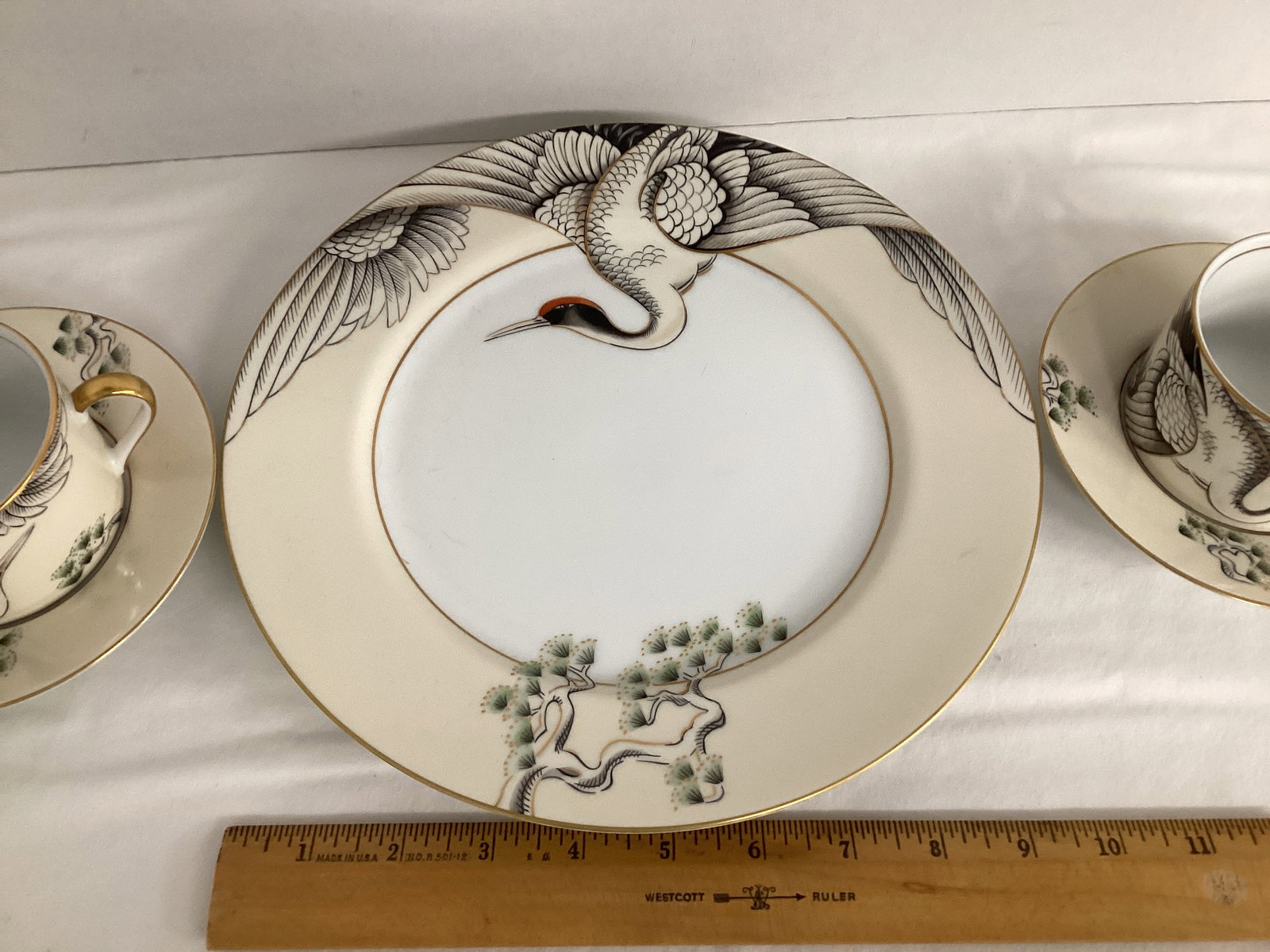 Fitz and Floyd Crane with Pine Plate with Cups and Saucers - 2