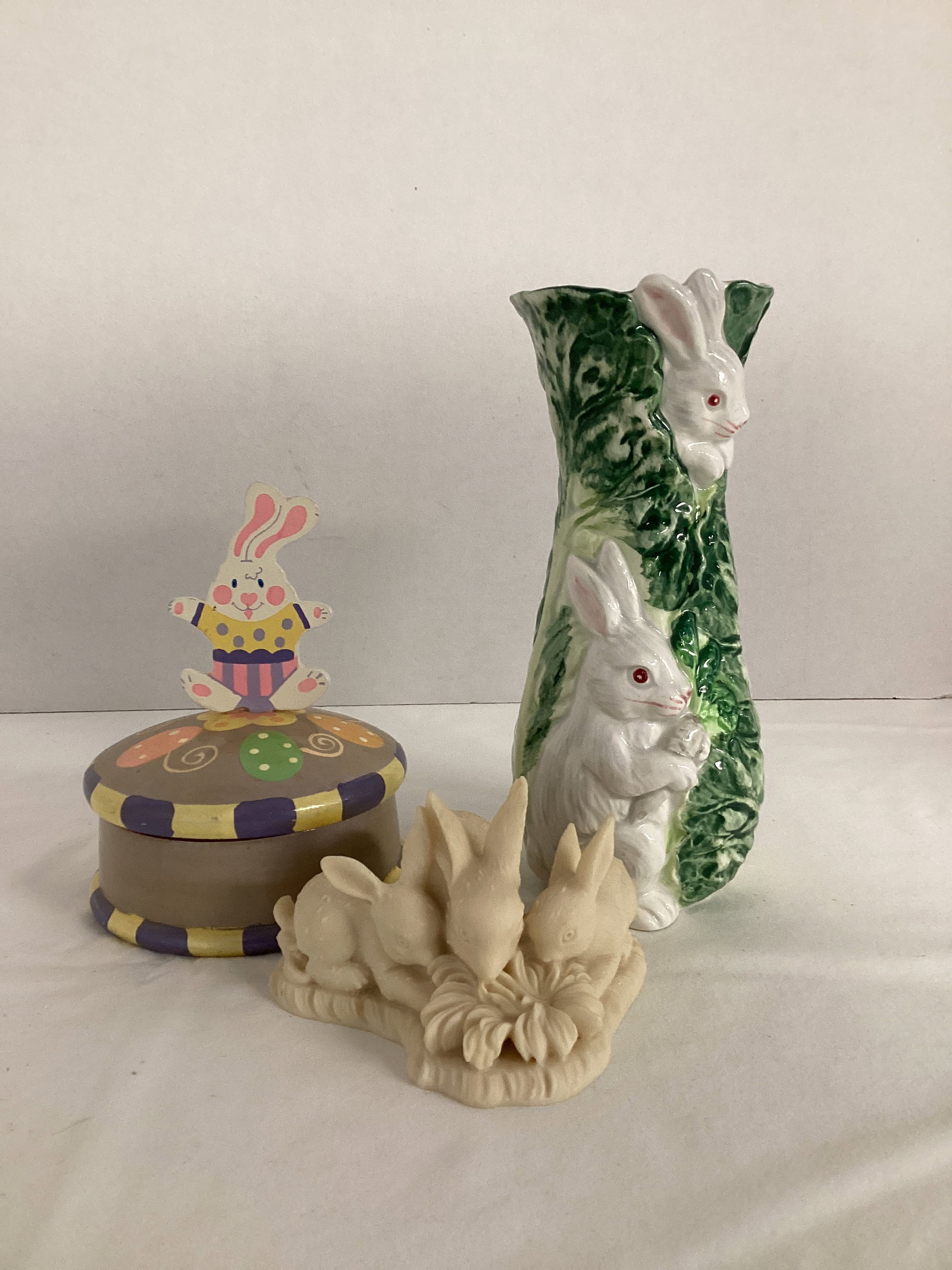 Easter Rabbit Vase, Figure, and Wood Trinket Box: . 