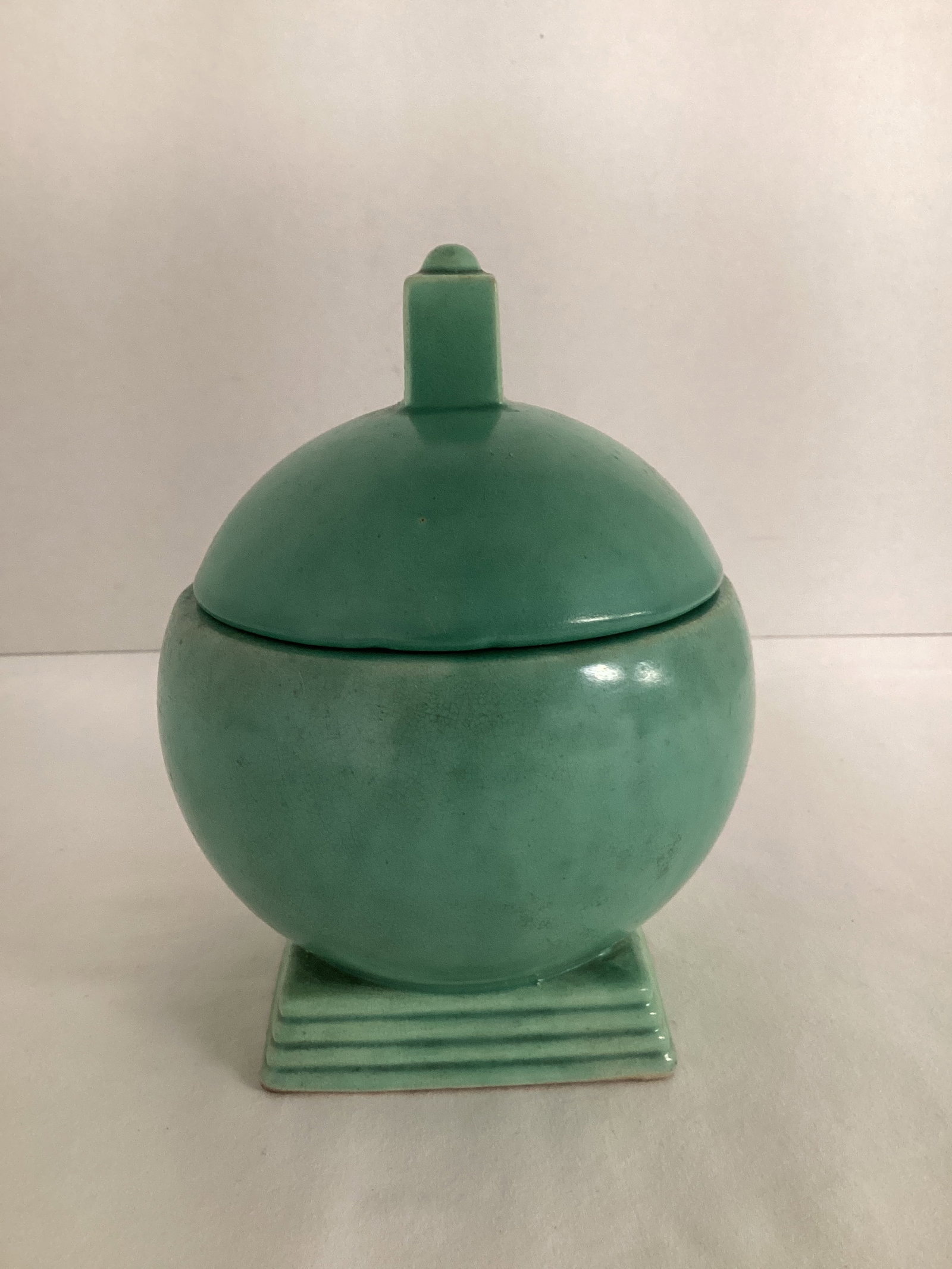 Vintage Green Pottery Covered Bowl: 6" h