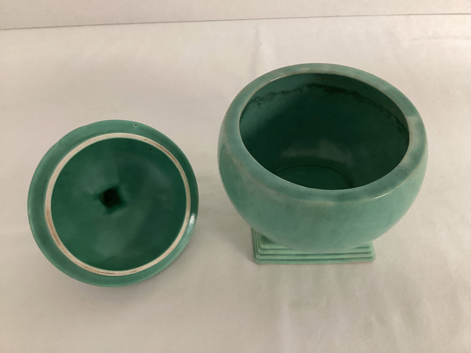 Vintage Green Pottery Covered Bowl - 3