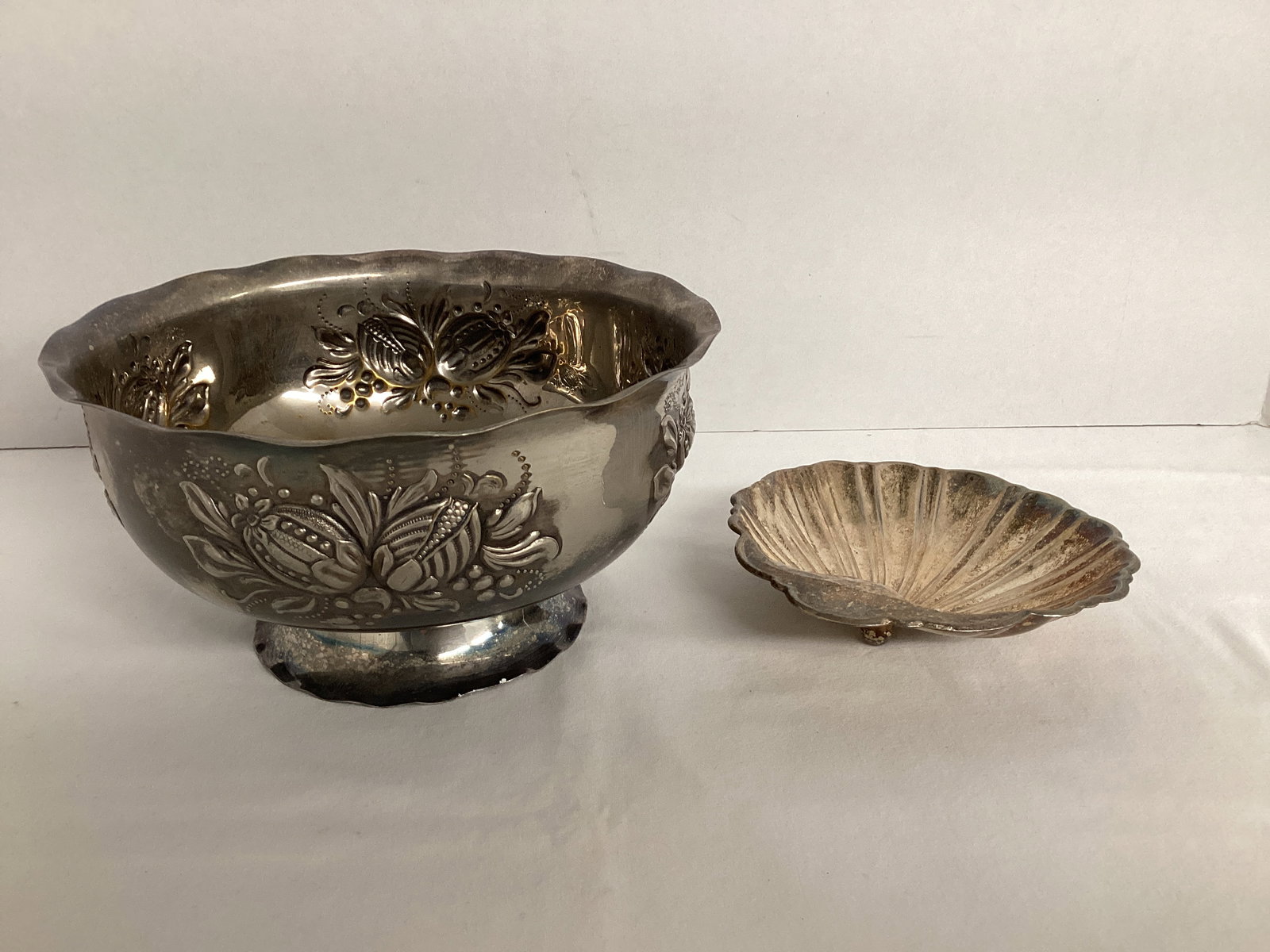 Embossed Metal Pedestal Planter and Shell Nut Dish: 7 1/4" diameter x 3 3/4" h planter, 5" w nut dish 