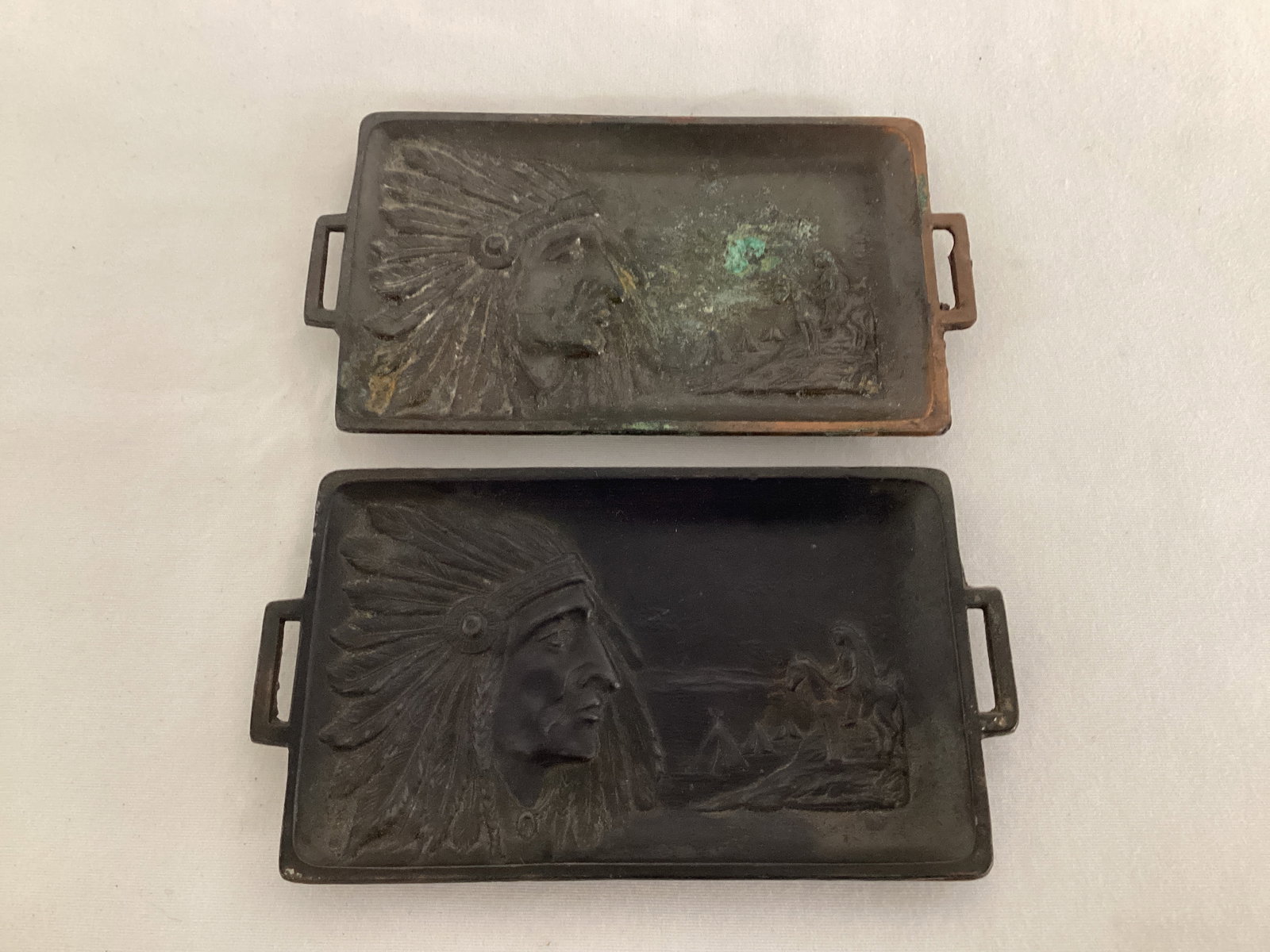 Two Almar Point Small Metal Trays with Embossed Native American Design: 4 3/8" x 2 1/2" 