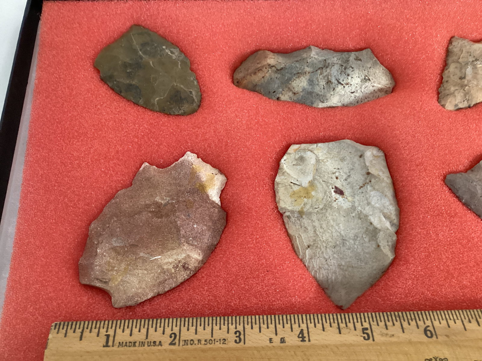 Six Carved Stone Spearheads in Display Case - 2