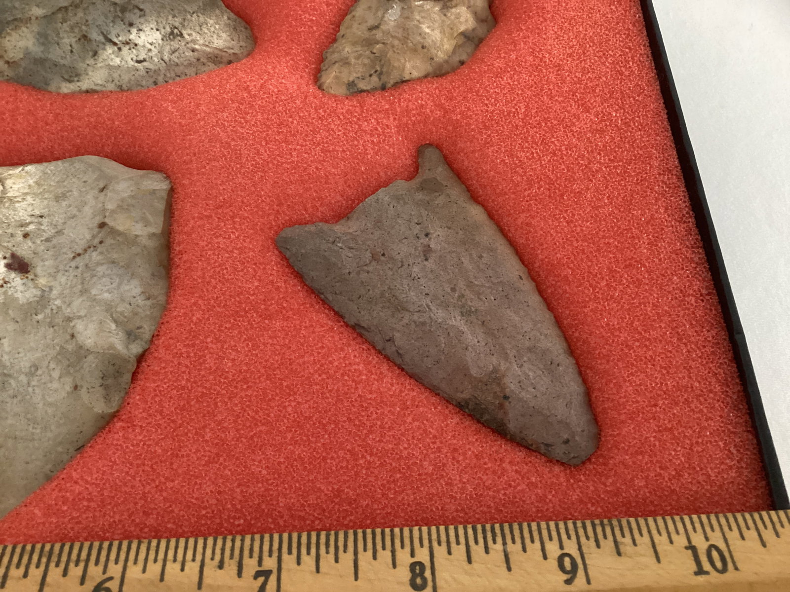 Six Carved Stone Spearheads in Display Case - 9