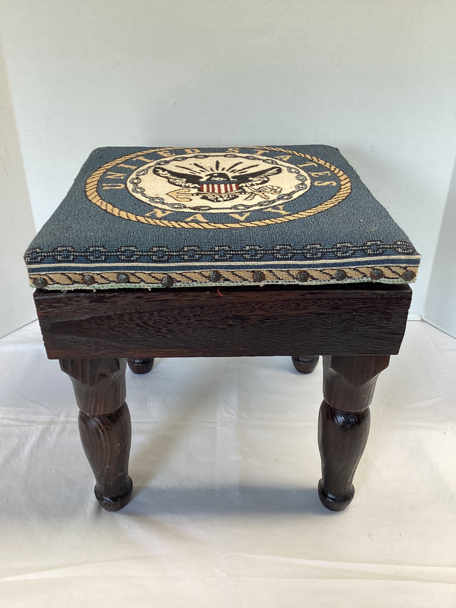 Footstool with United States Navy Tapestry Cover and Storage (1 of 6)