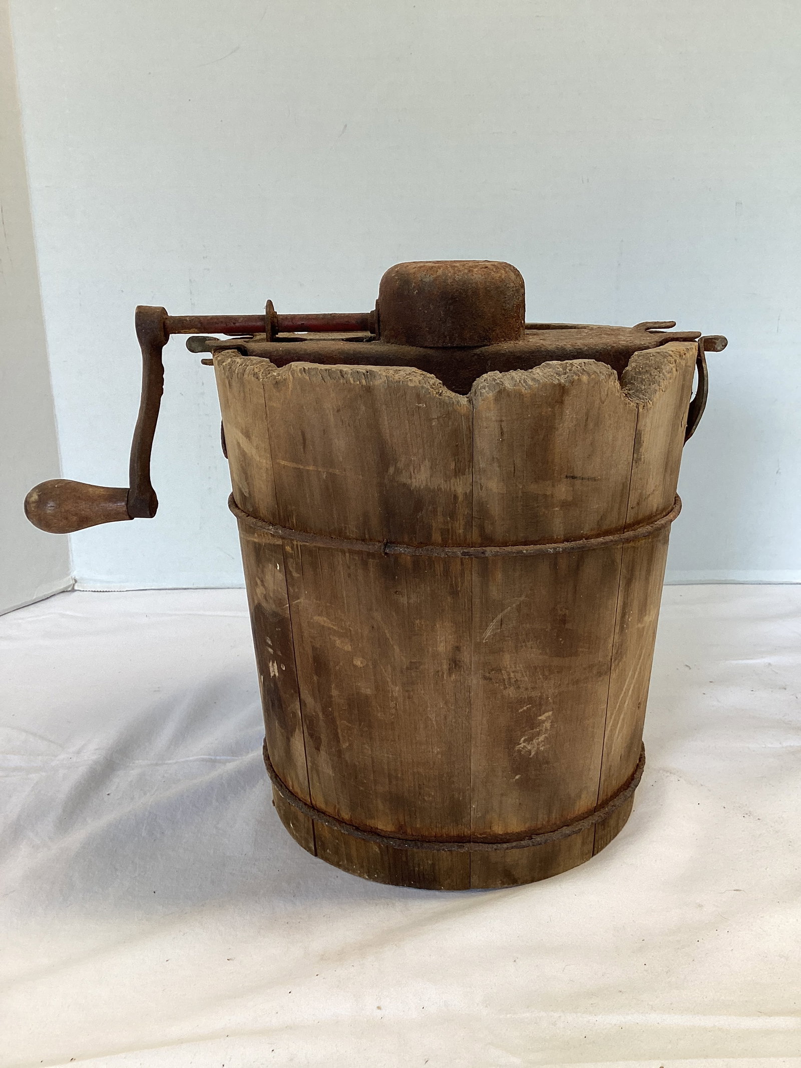 Antique Wood Hand Crank Ice Cream Freezer: rusty, 8" diameter x 10" h