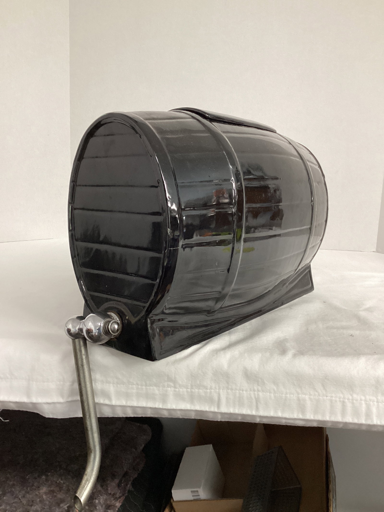 Black Pottery Keg Dispenser: spout marked Central, 12" x 4 3/4" x 8" h plus spout 