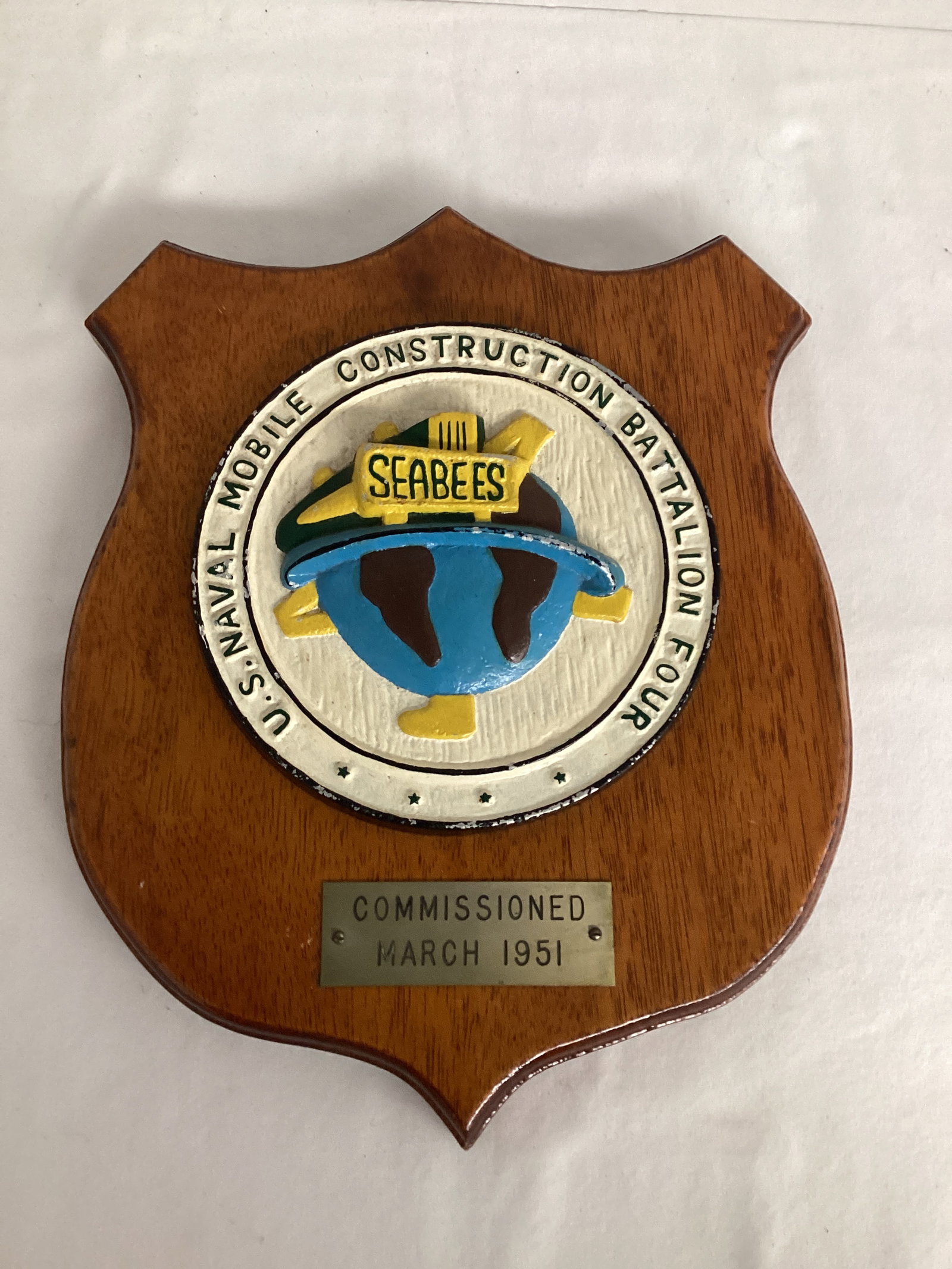 Seebees US Naval Mobile Construction Battalion Four 1951 Plaque: 8 3/4" w x 11" h 