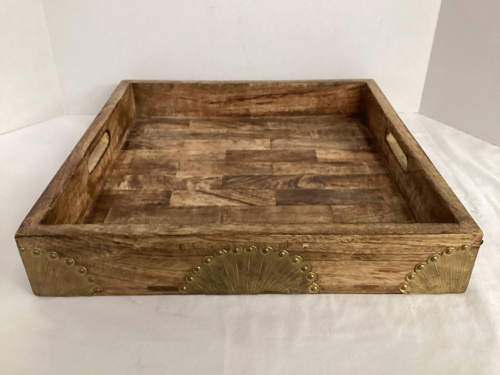 Decorative Wood Tray with Metal Accents: 16" square x 2 3/4" h 