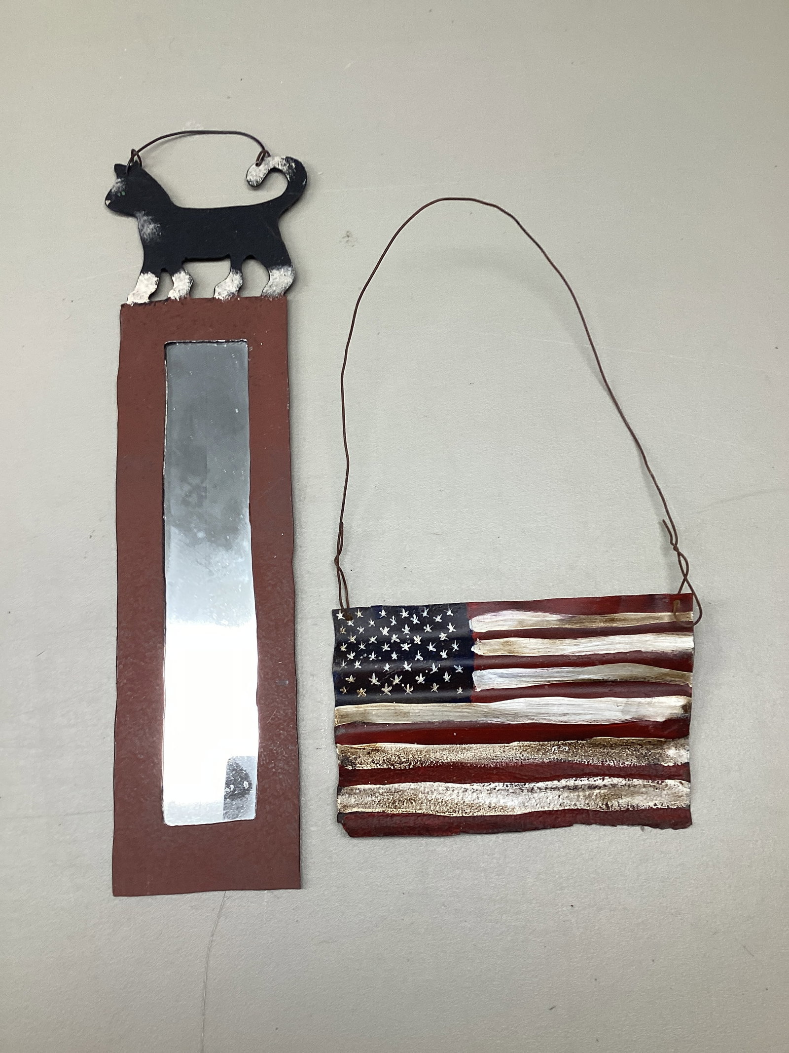 Metal Cat Frame Wall Mirror and Painted Galvanized Metal American Flag Wall Hanging: Cat frame 5" w x 17" h, flag 7 1/2" x 4 3/4" plus hanger 