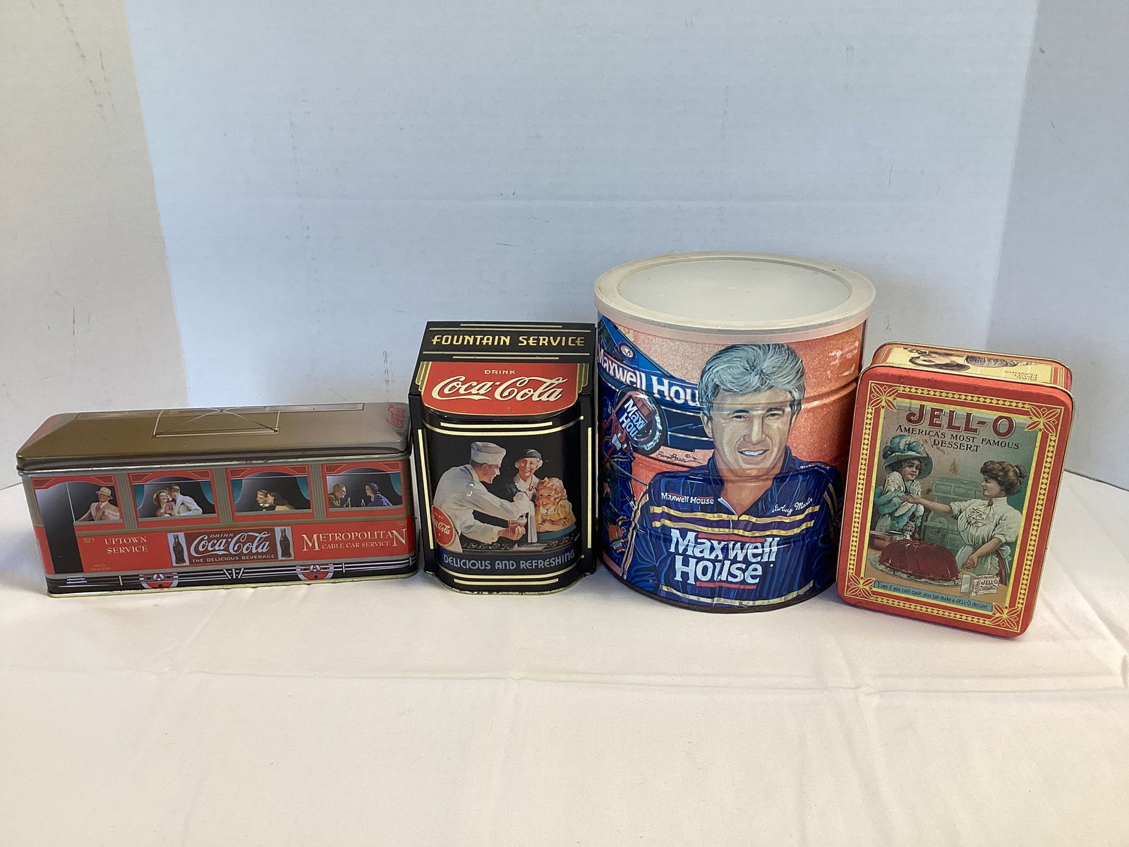 Coca-Cola, Maxwell House, and Jell-O Tins: . 