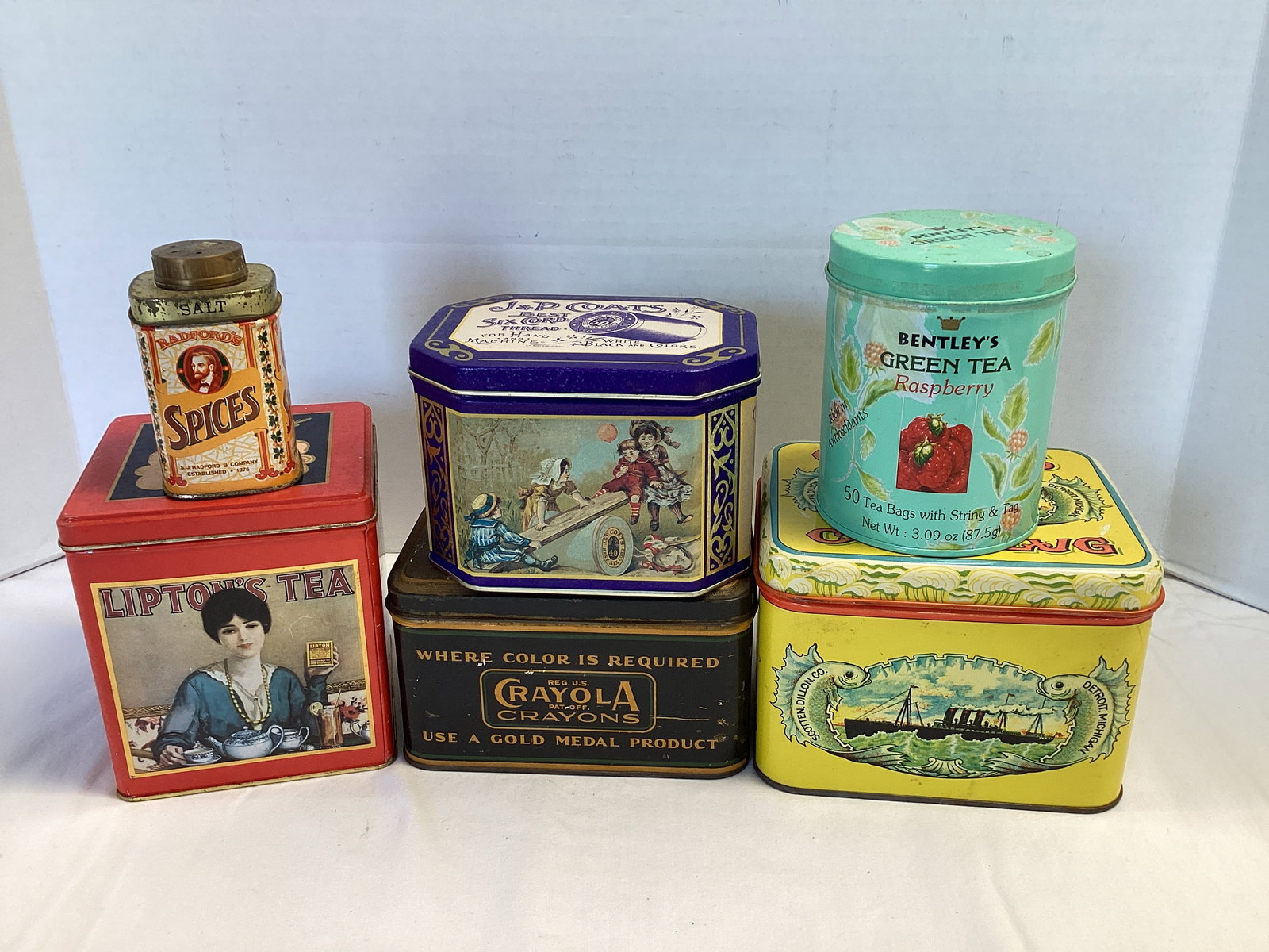 Advertising Tins - Crayola, Lipton, Oceanic Cut Plug, J&P Coats, and More: . 