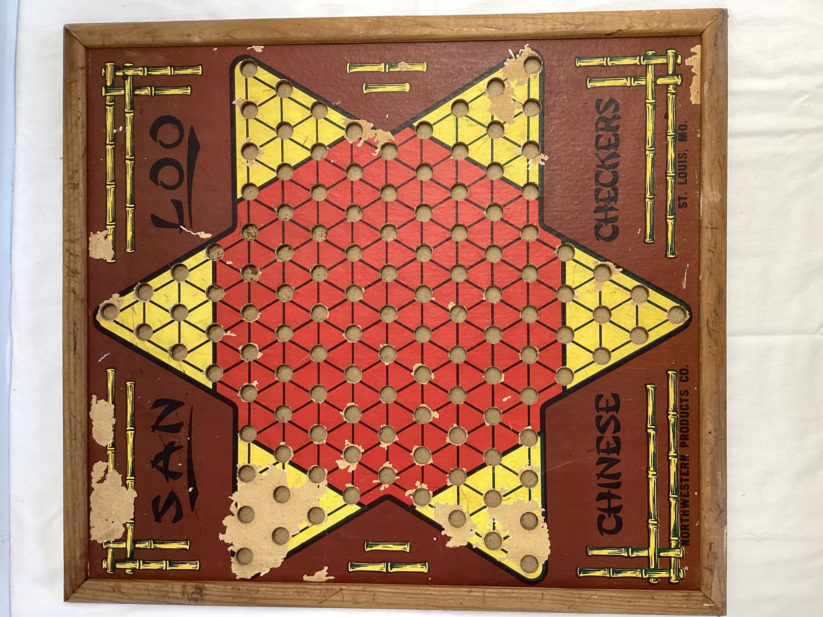 Northwestern Products San Loo Chinese Checkers Ante-Up-Rummy Double Sided Game Board: wood frame, 18 3/4" x 16 1/2" h
