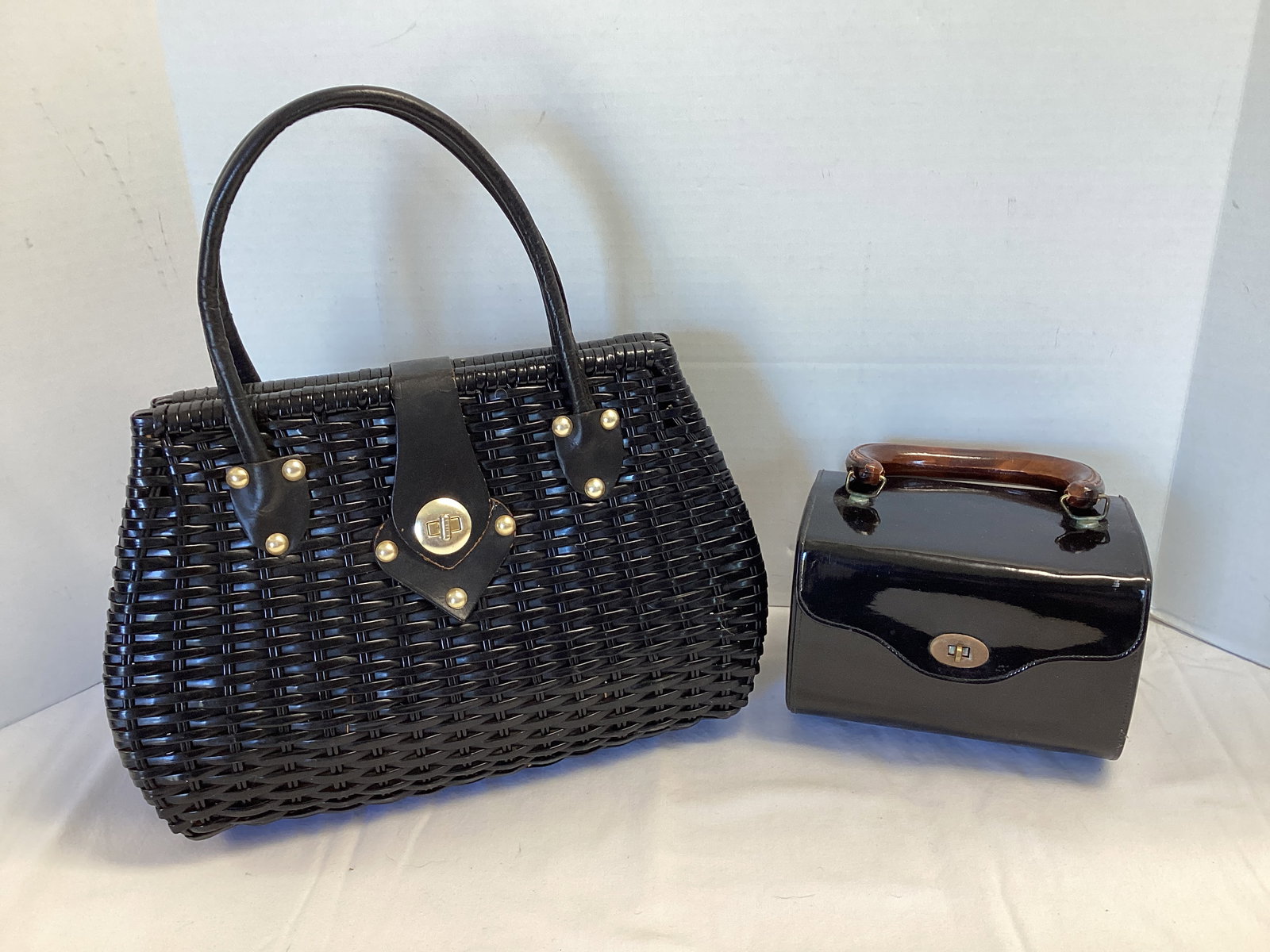 Vintage Wicker Look and Black Patent Leather Ladies' Purses: patent leather missing a foot