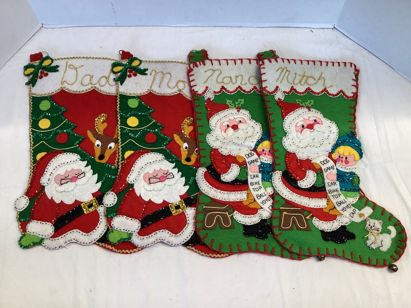 Four Vintage Sequined Christmas Stockings: 16" 