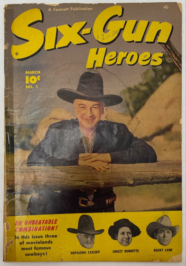 Six-Gun Heroes 1 Fawcett Comic Book: 1950, tape, extra staple, please preview and see all photos for condition