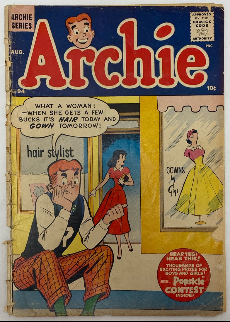 Archie 94 Comic Book: 1958, cover detached at bottom staple, please preview and see all photos for condition