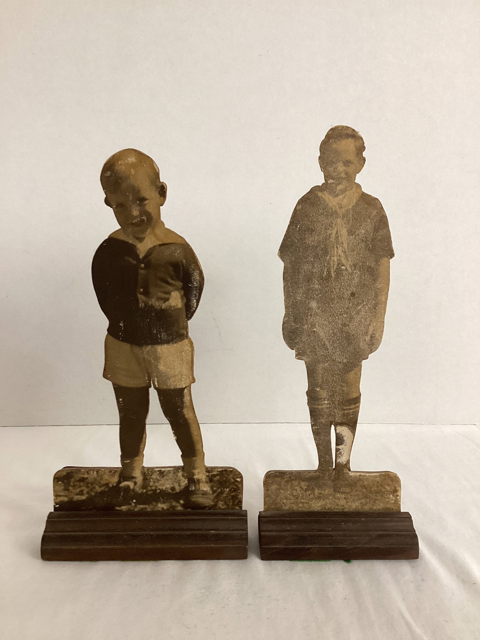 Two Vintage Wood Stand-Up Child Figures: Lesesne's Daytona Beach, Florida labels on the bottom, 10" and 10 1/2"