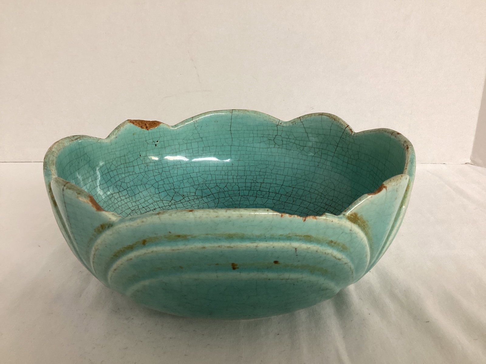 Vintage Pottery Bowl Marked USA: chips, crazing, and cracks, 8 1/2" diameter x 3 1/4" h