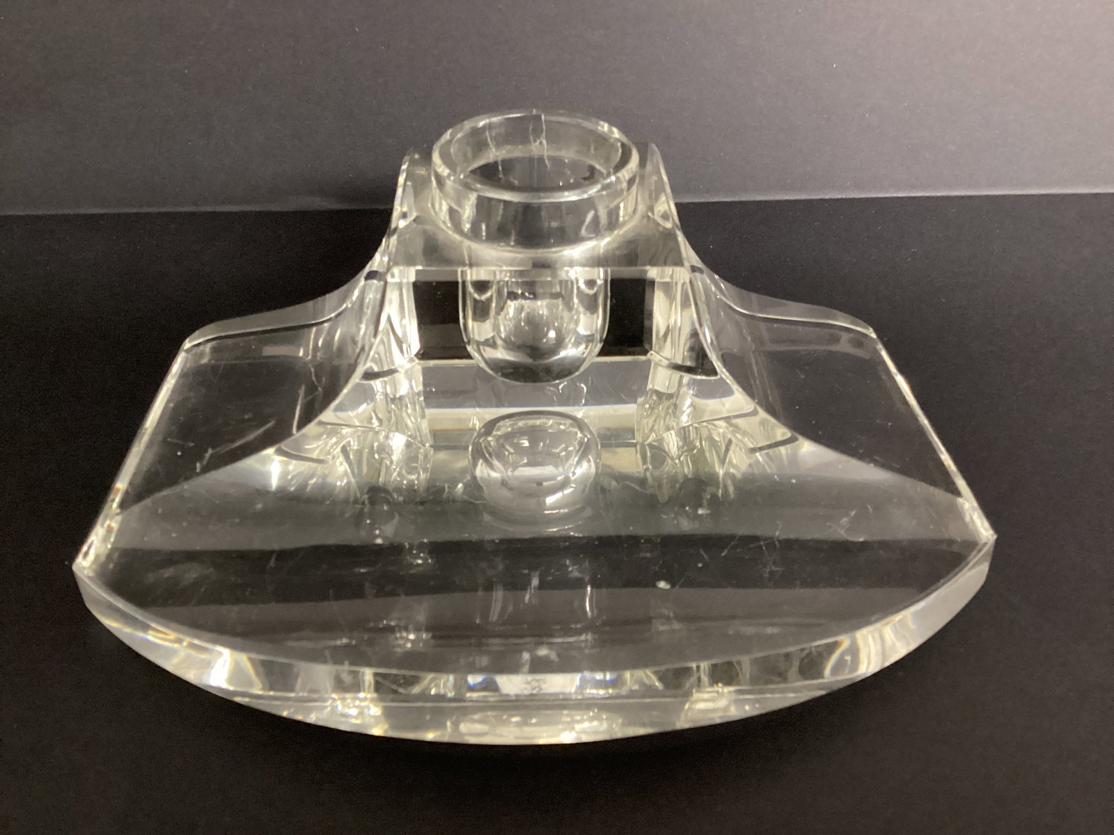 Glass Inkwell with Pen Rest: small chip, 6" w x 4 1/2" d x 2 1/2" h