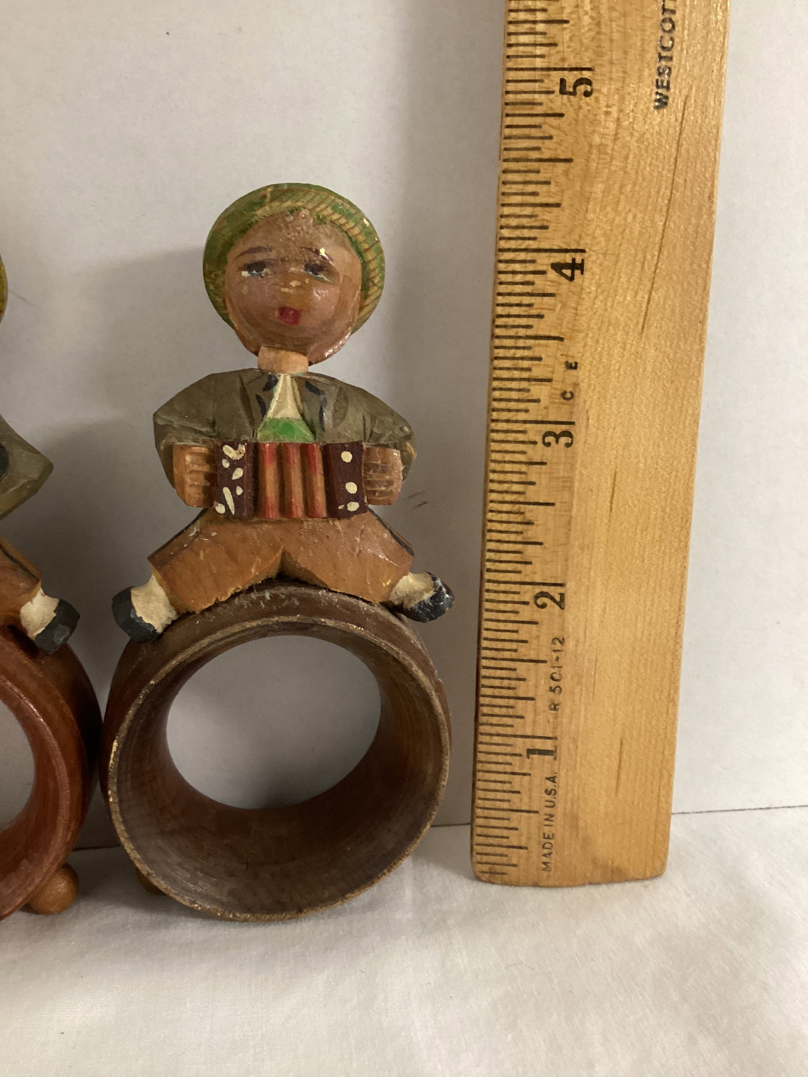 Pair of Wood Carved Napkin Rings Featuring Boys with Musical Instruments - 2