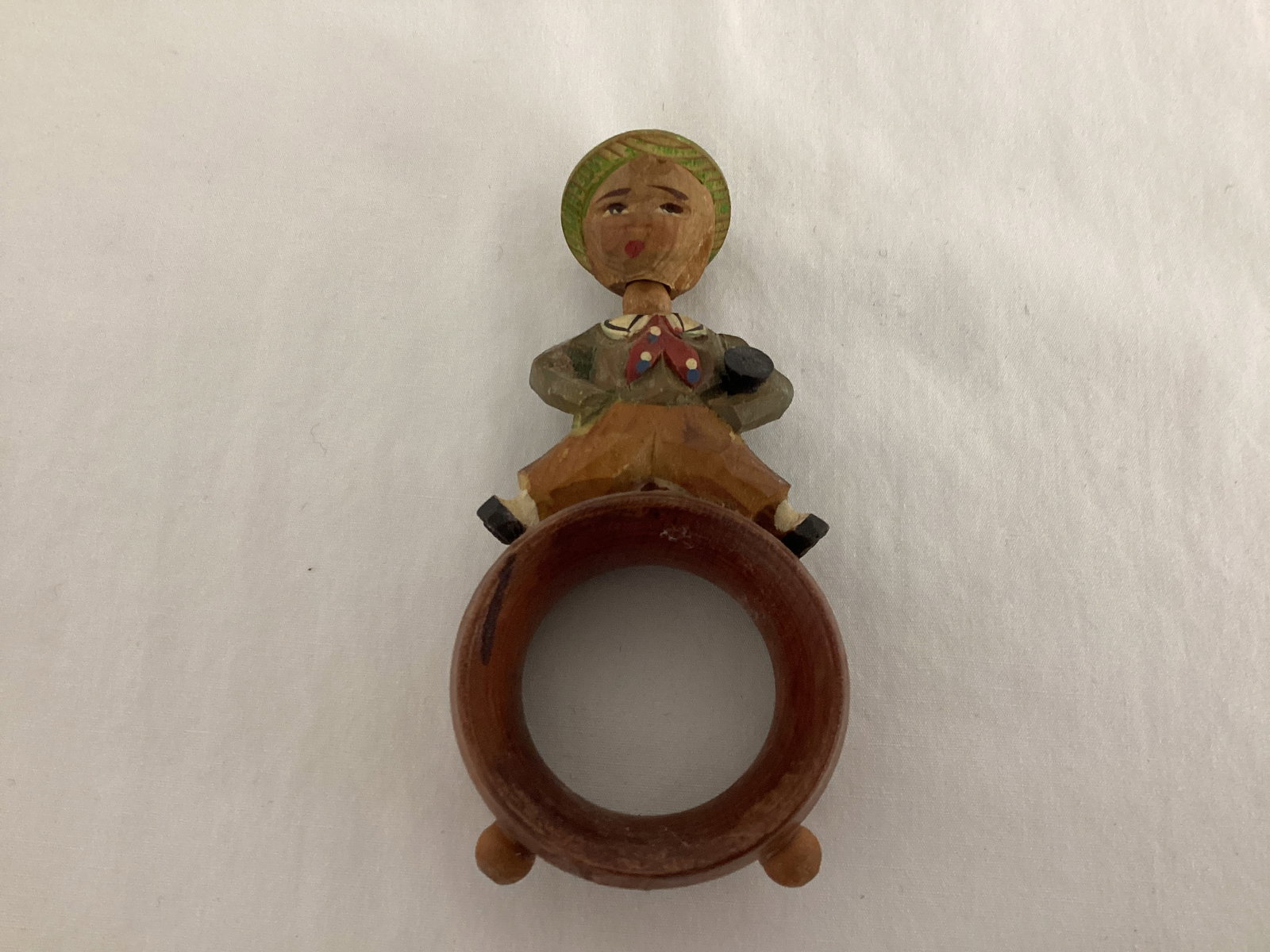 Pair of Wood Carved Napkin Rings Featuring Boys with Musical Instruments - 4
