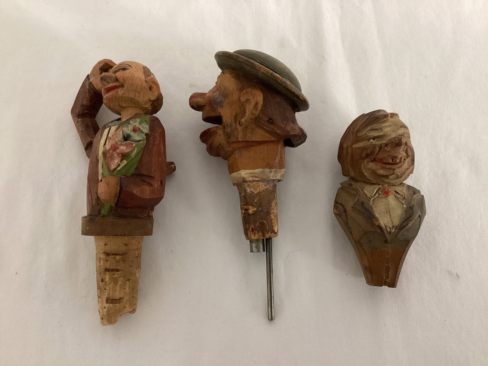 Wood Carved Figural Bottle Stopper, Pourer, and Man: some damages