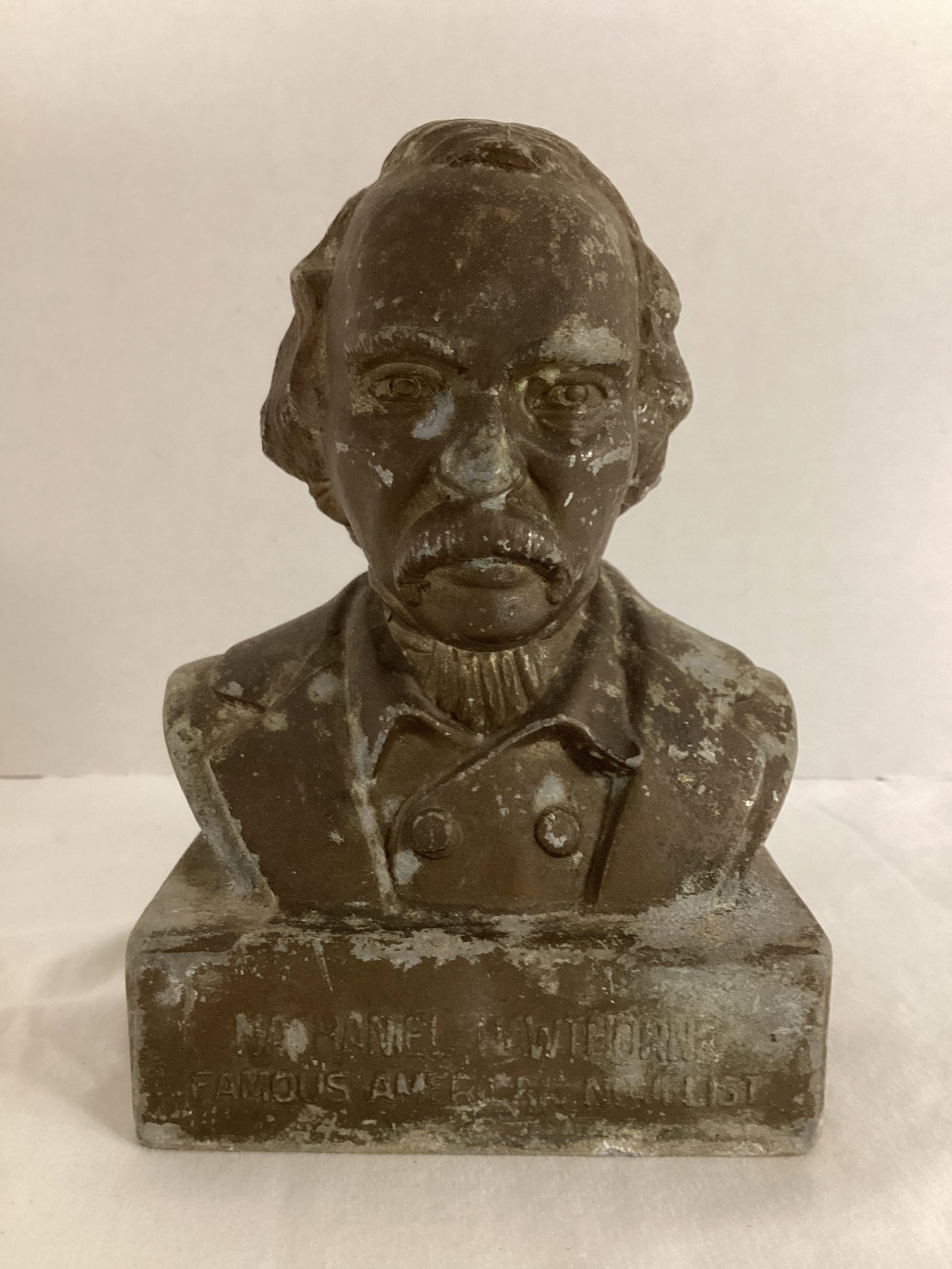Vintage Nathaniel Hawthorne Bust Metal Bank: no stopper, finish wear, 6" h