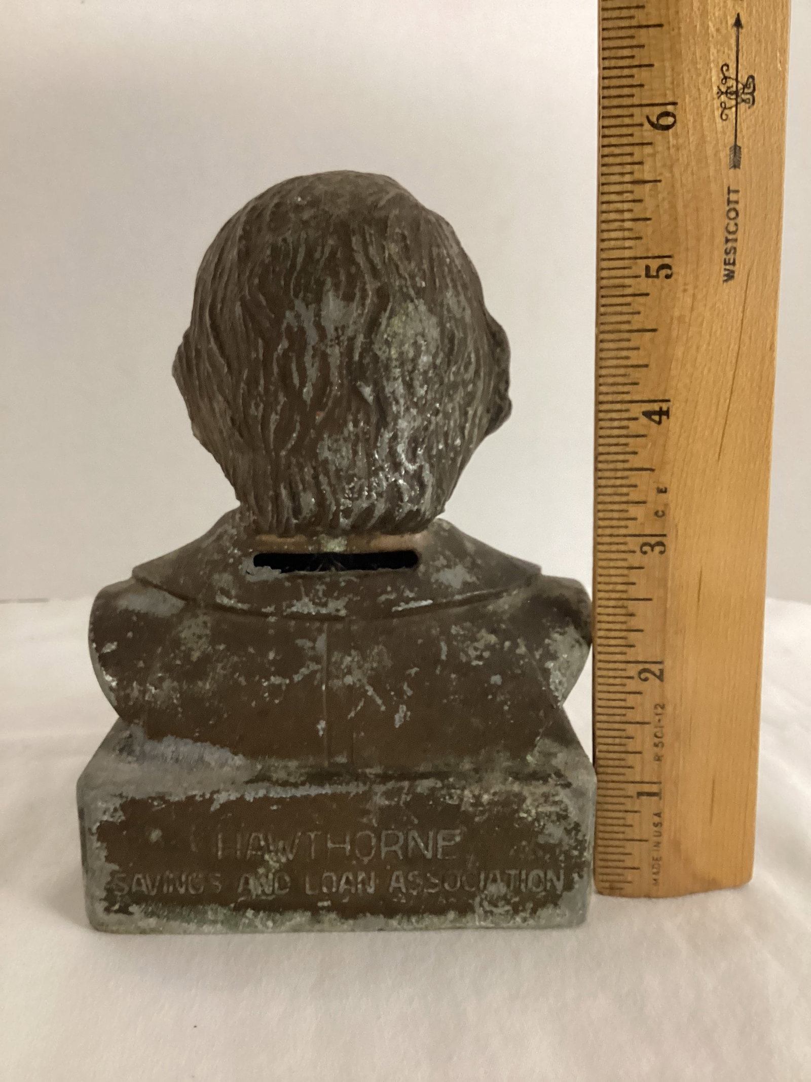 Vintage Nathaniel Hawthorne Bust Metal Bank - 3