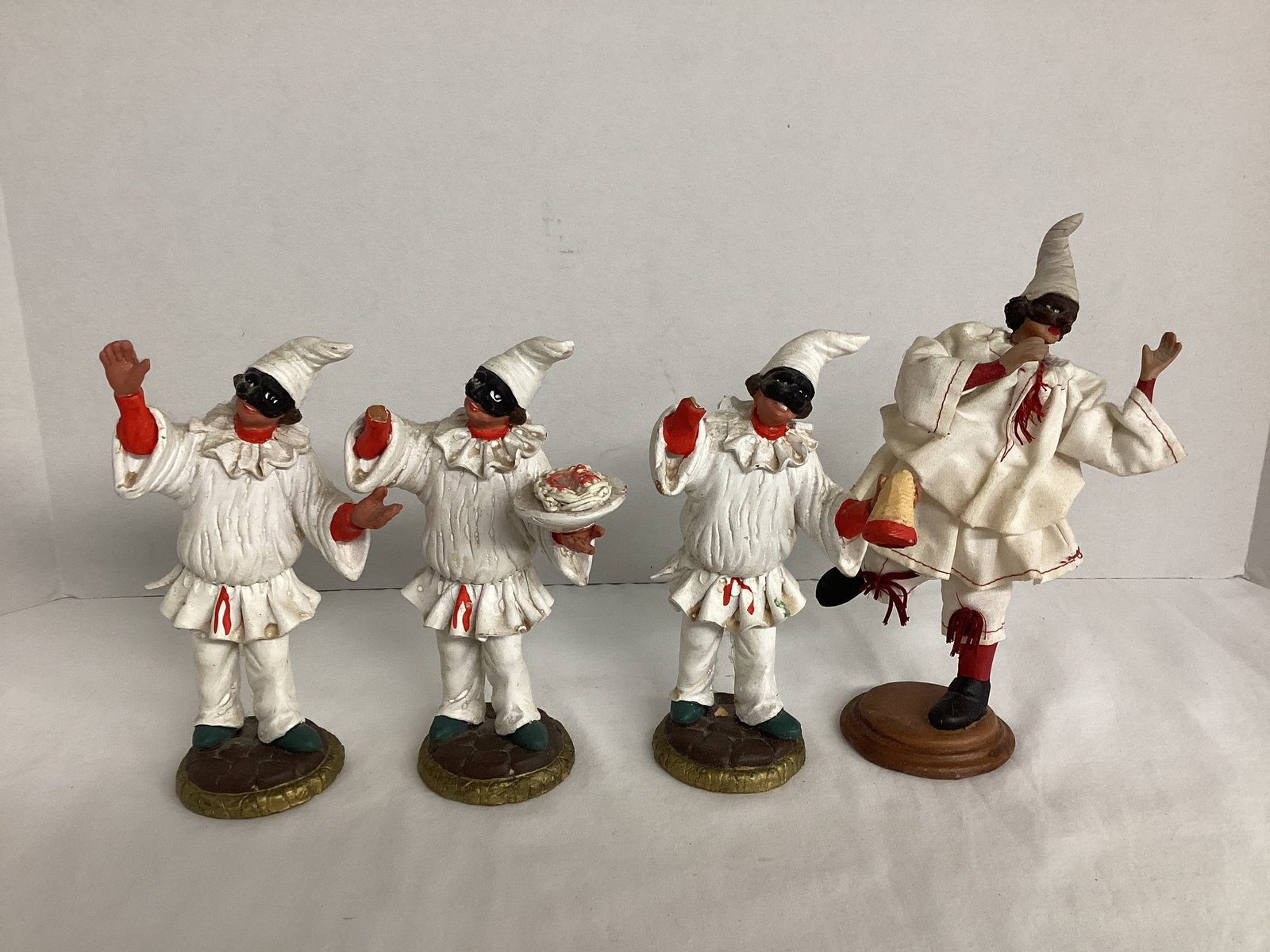Pulcinella Figurines: two are missing hands, 6 3/4" to 8" h