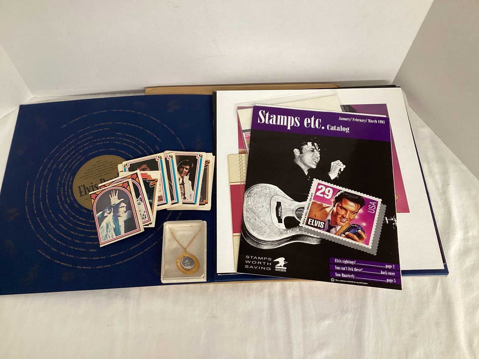 Elvis Presley Pendant, Trading Cards, and Commemorative Postage Stamps: .